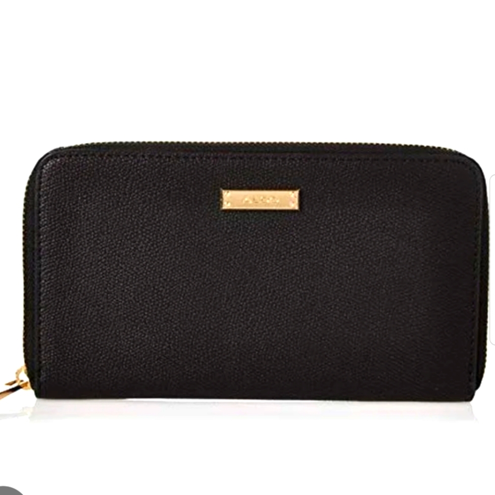 Aldo Elegant Black pebbled Zip Around Ligosullo Wallet with Gold Accents. NWOT